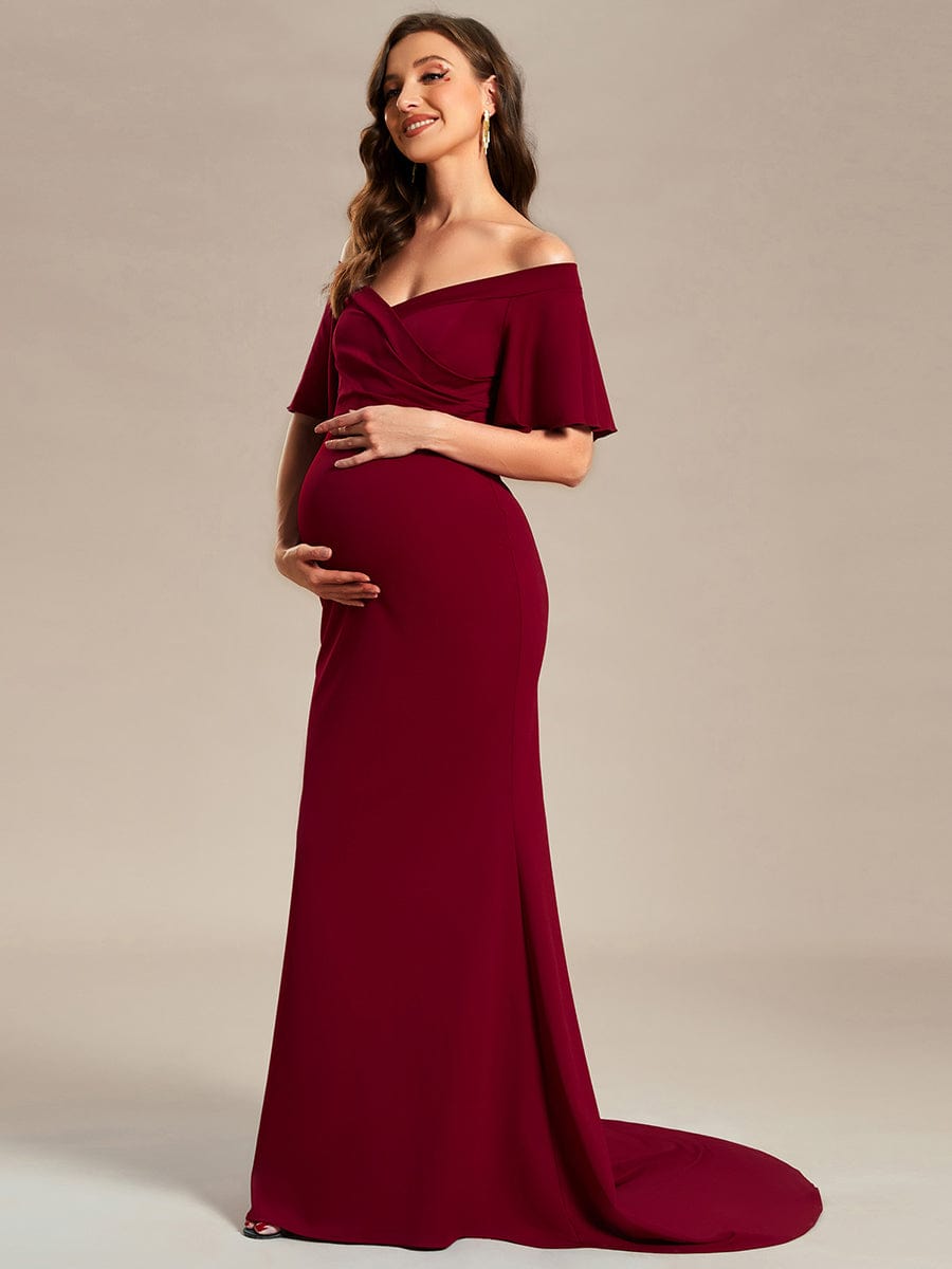 V-Neck Off-Shoulder A-Line Fishtail Maternity Dress #Color_Burgundy