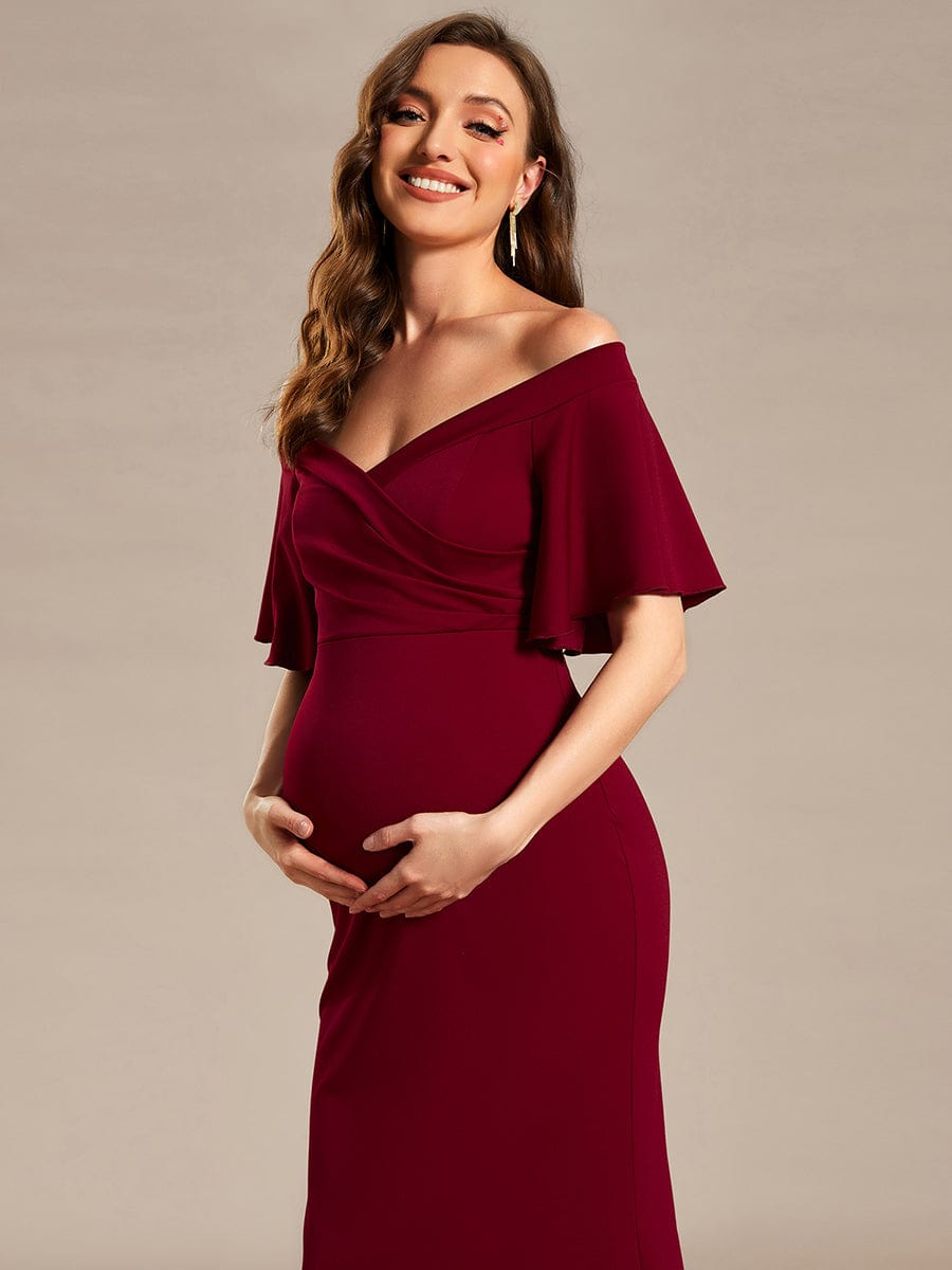 V-Neck Off-Shoulder A-Line Fishtail Maternity Dress #Color_Burgundy