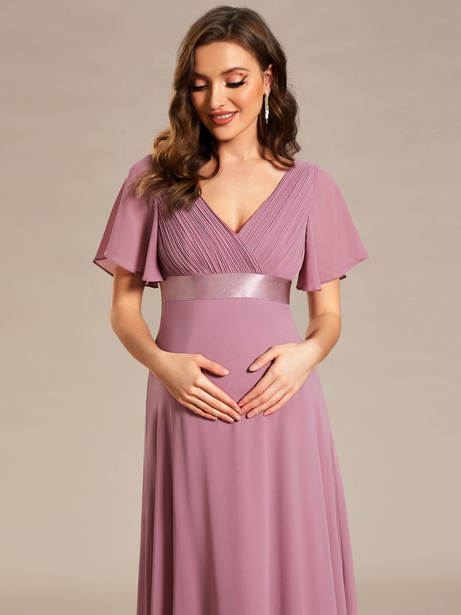 Pleated Bodice Ruffle Sleeves V Neck Floor Length Maternity Dress #color_Purple Orchid