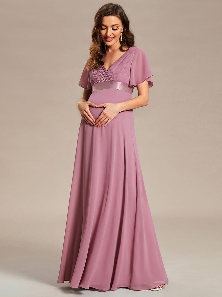 Pleated Bodice Ruffle Sleeves V Neck Floor Length Maternity Dress #color_Purple Orchid