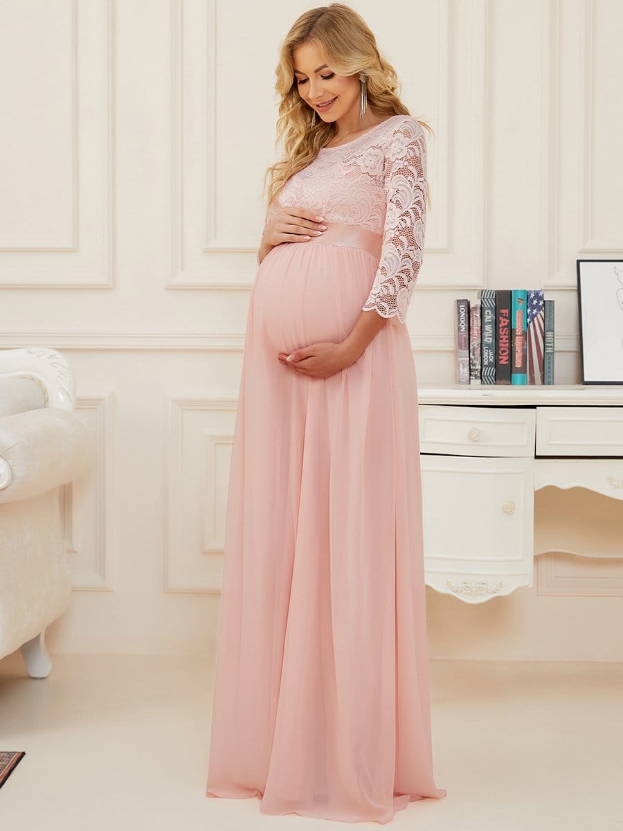 3/4 Sleeves Embroidered Maternity Maxi Dress #color_Pink