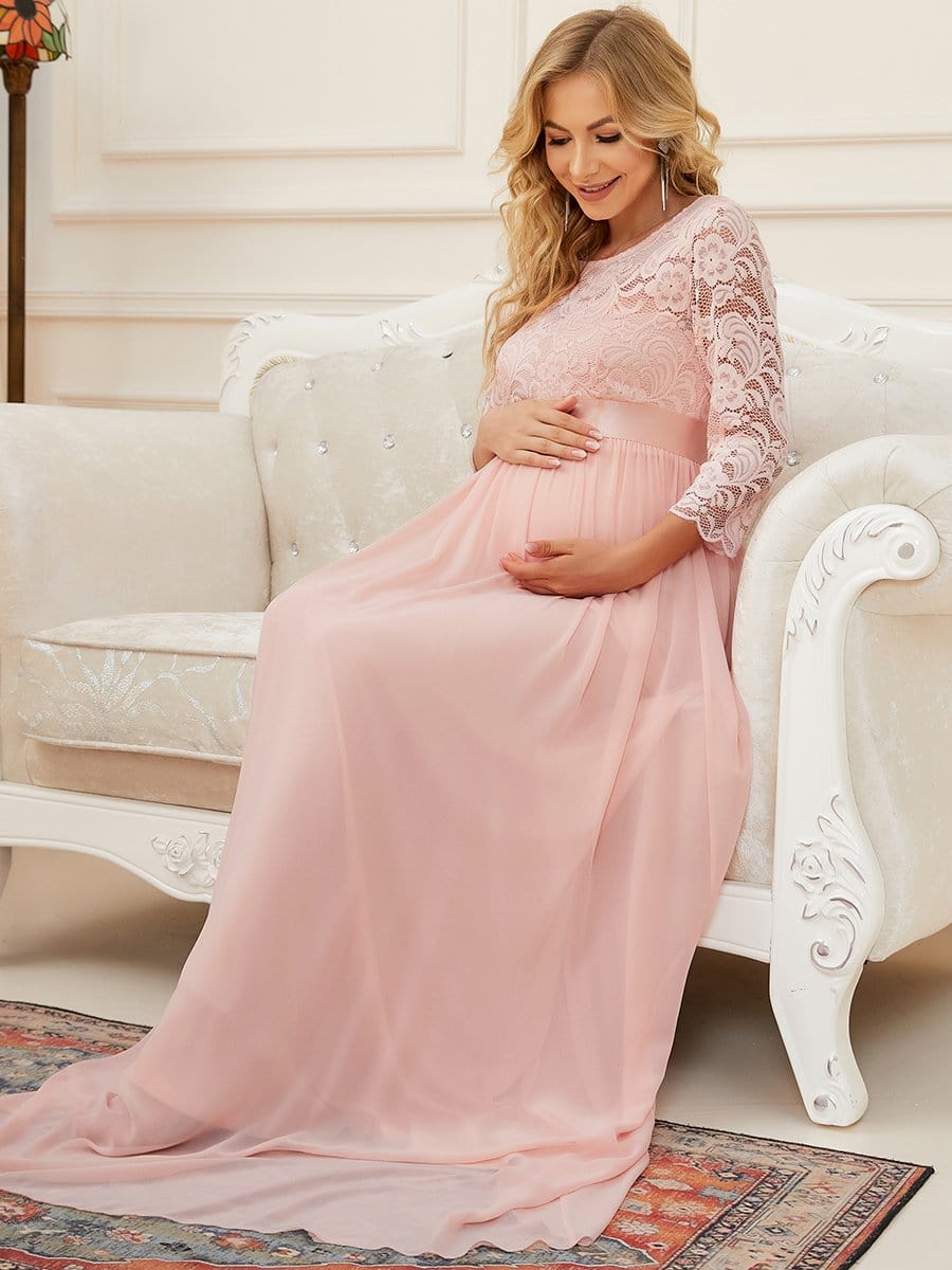 3/4 Sleeves Embroidered Maternity Maxi Dress #color_Pink