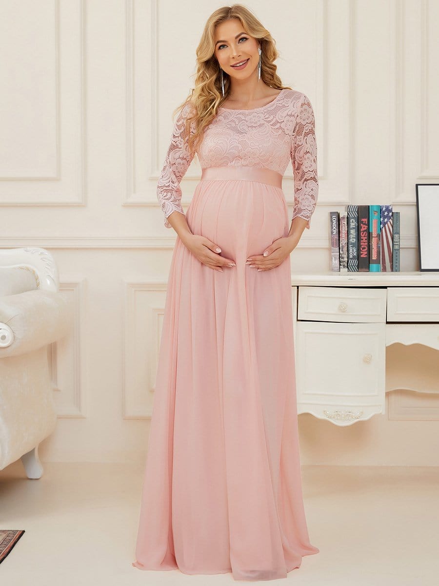 3/4 Sleeves Embroidered Maternity Maxi Dress #color_Pink