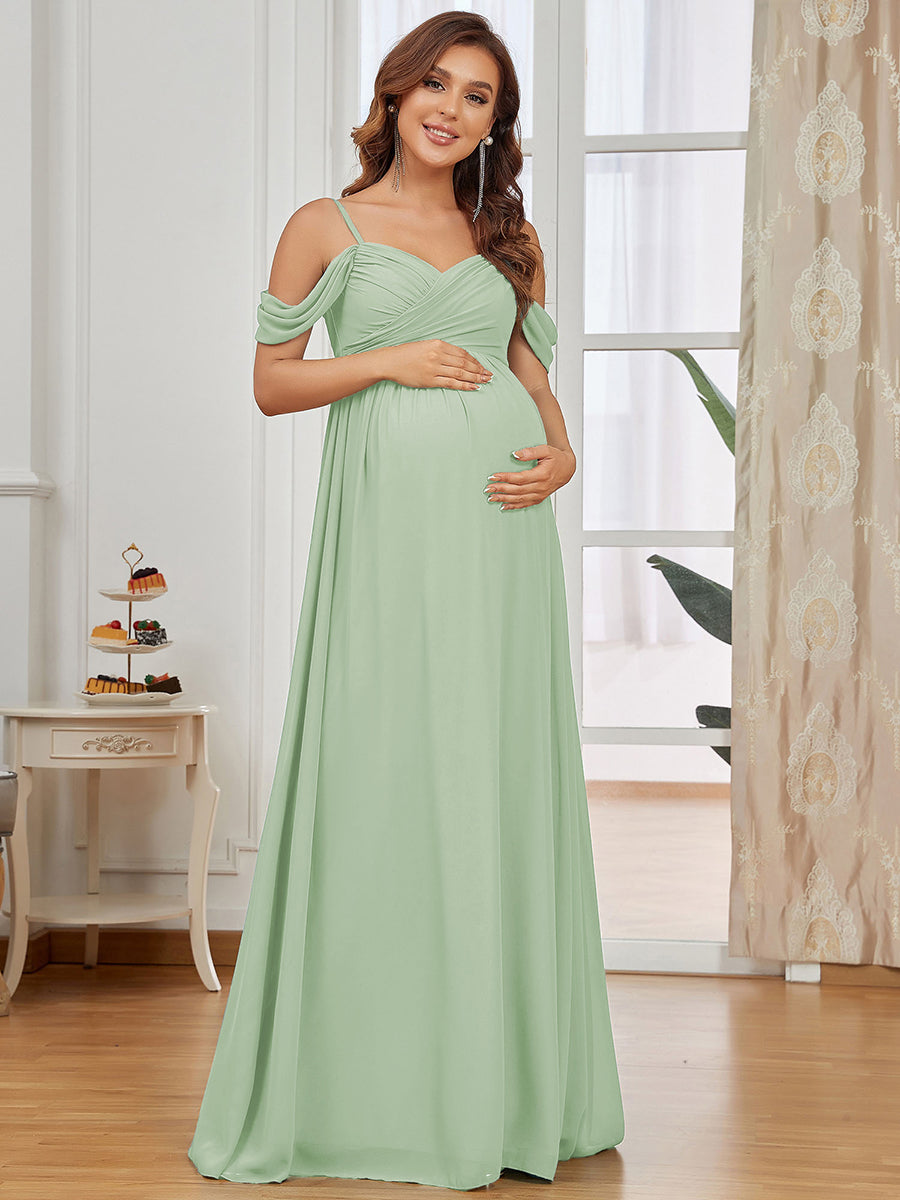 Off The Shoulder Spaghetti Straps Solid Maxi Maternity Dress #color_Mint Green