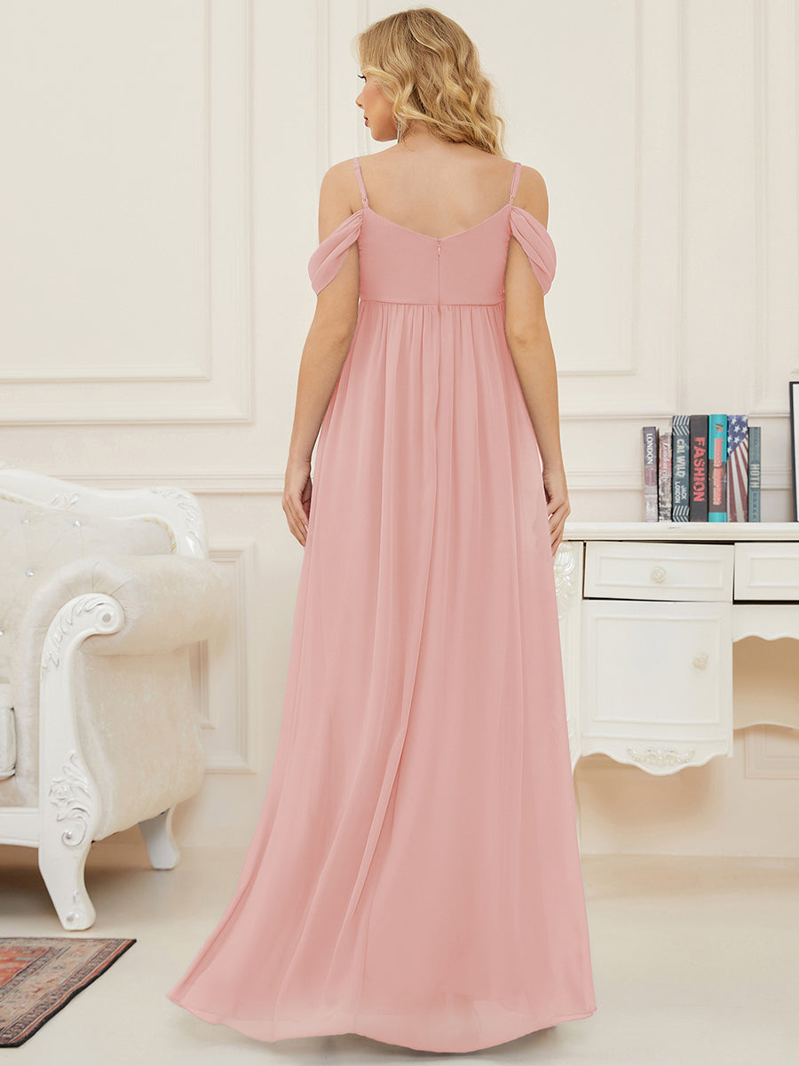 Off The Shoulder Spaghetti Straps Solid Maxi Maternity Dress #color_Pink