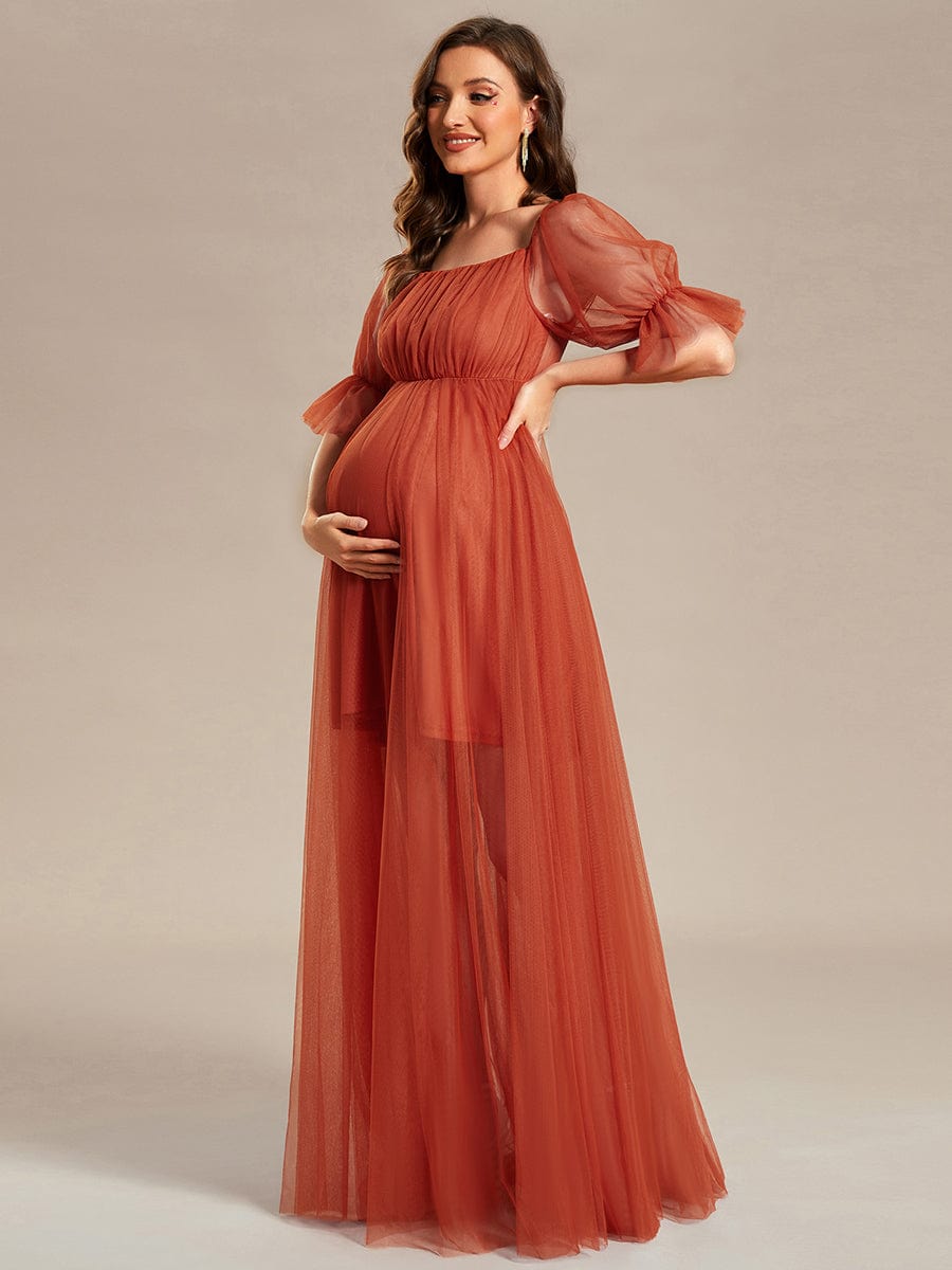 Off the Shoulder Pleated Tulle Maxi Maternity Dress #color_Burnt Orange