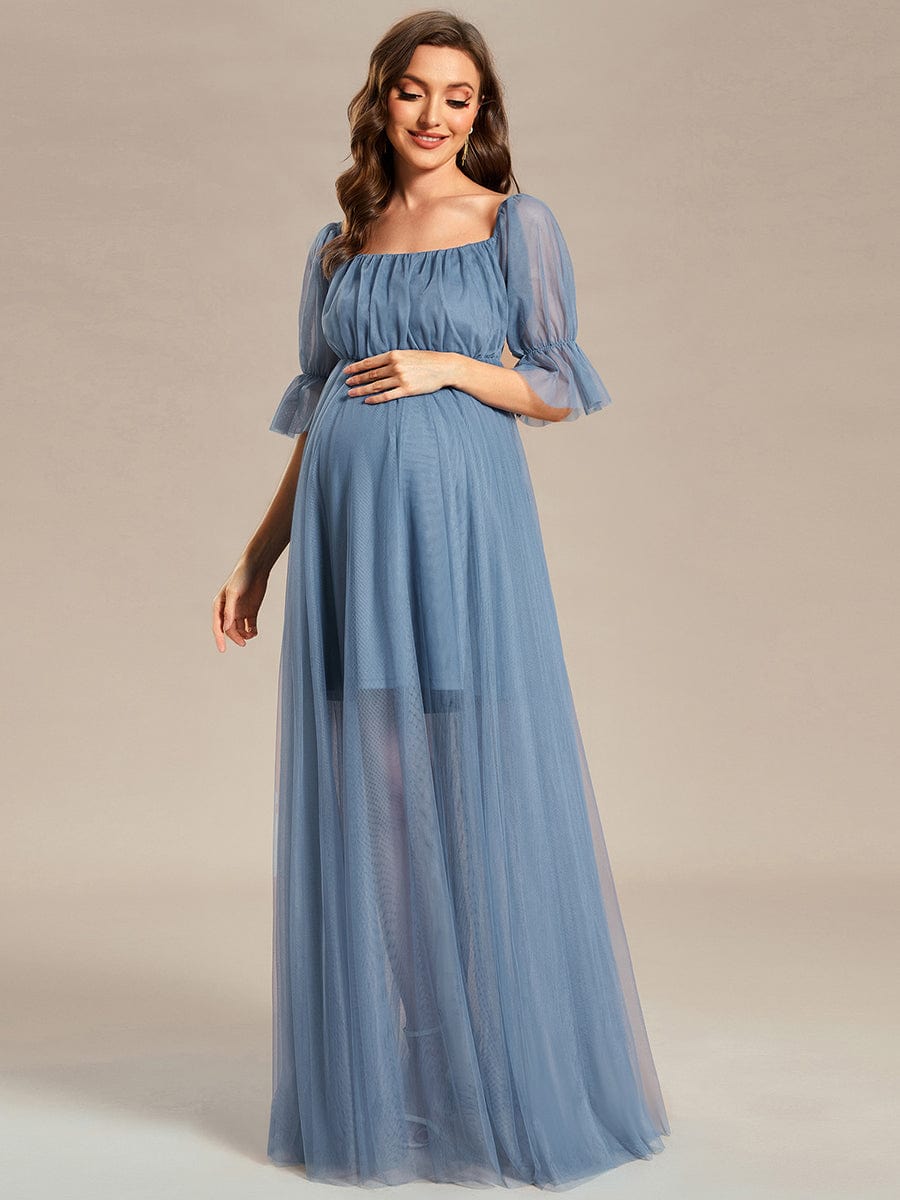 Off the Shoulder Pleated Tulle Maxi Maternity Dress #color_Dusty Navy