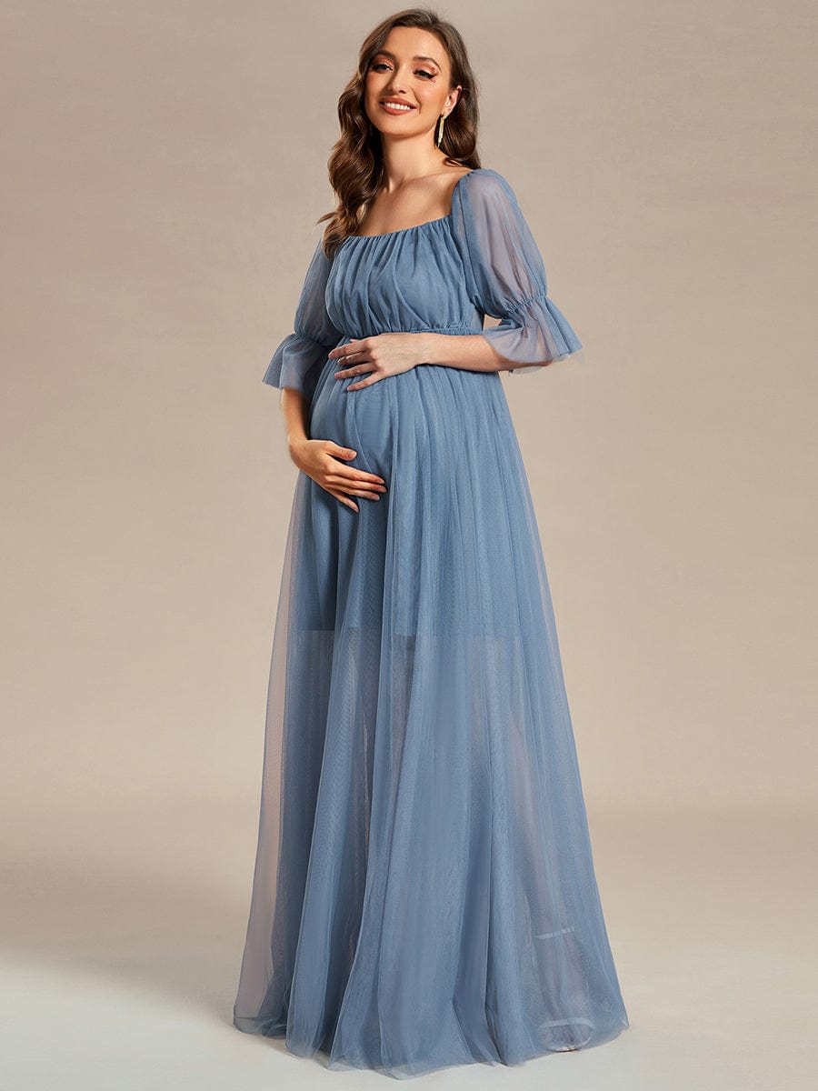 Off the Shoulder Pleated Tulle Maxi Maternity Dress #color_Dusty Navy