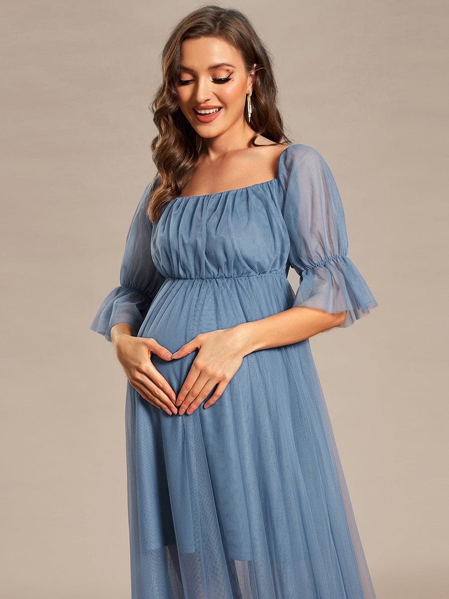 Off the Shoulder Pleated Tulle Maxi Maternity Dress #color_Dusty Navy