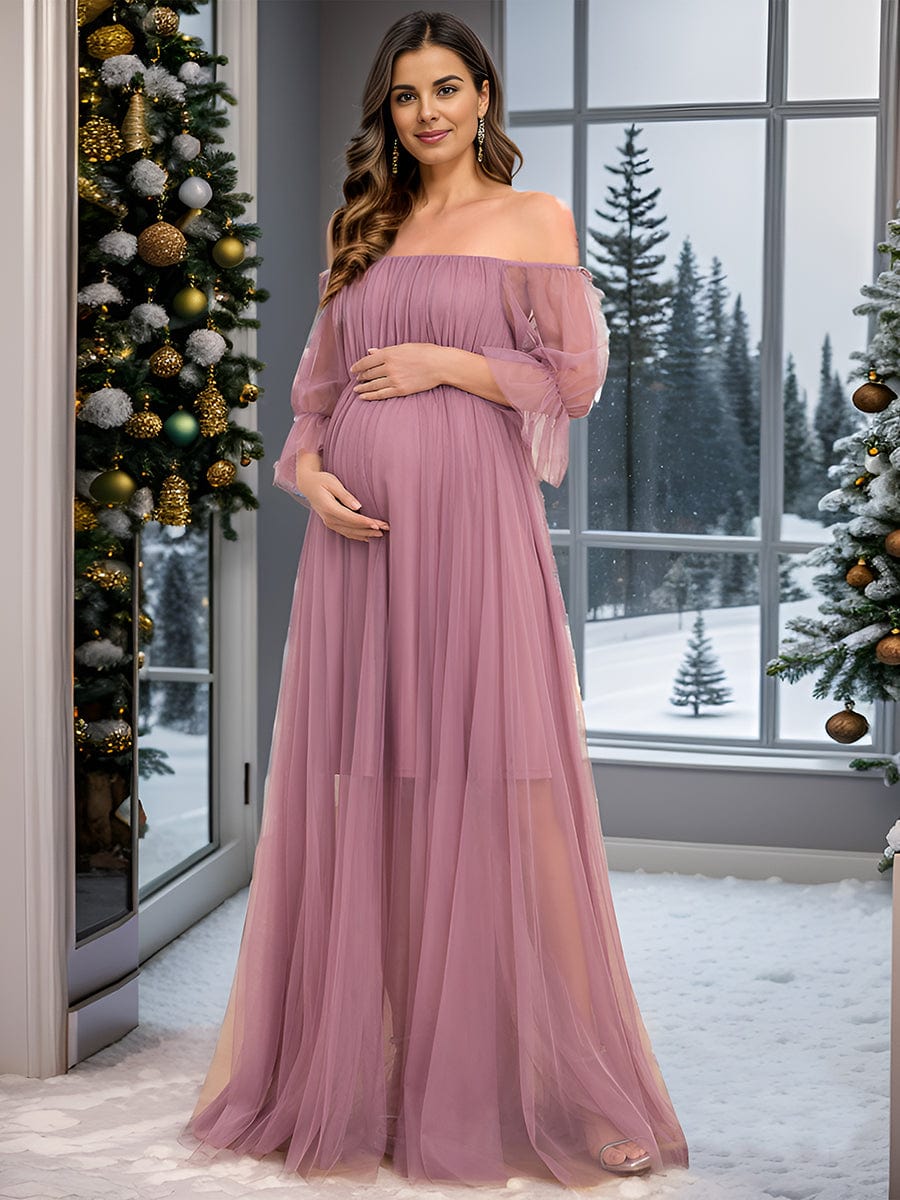 Off the Shoulder Pleated Tulle Maxi Maternity Dress #color_Purple Orchid