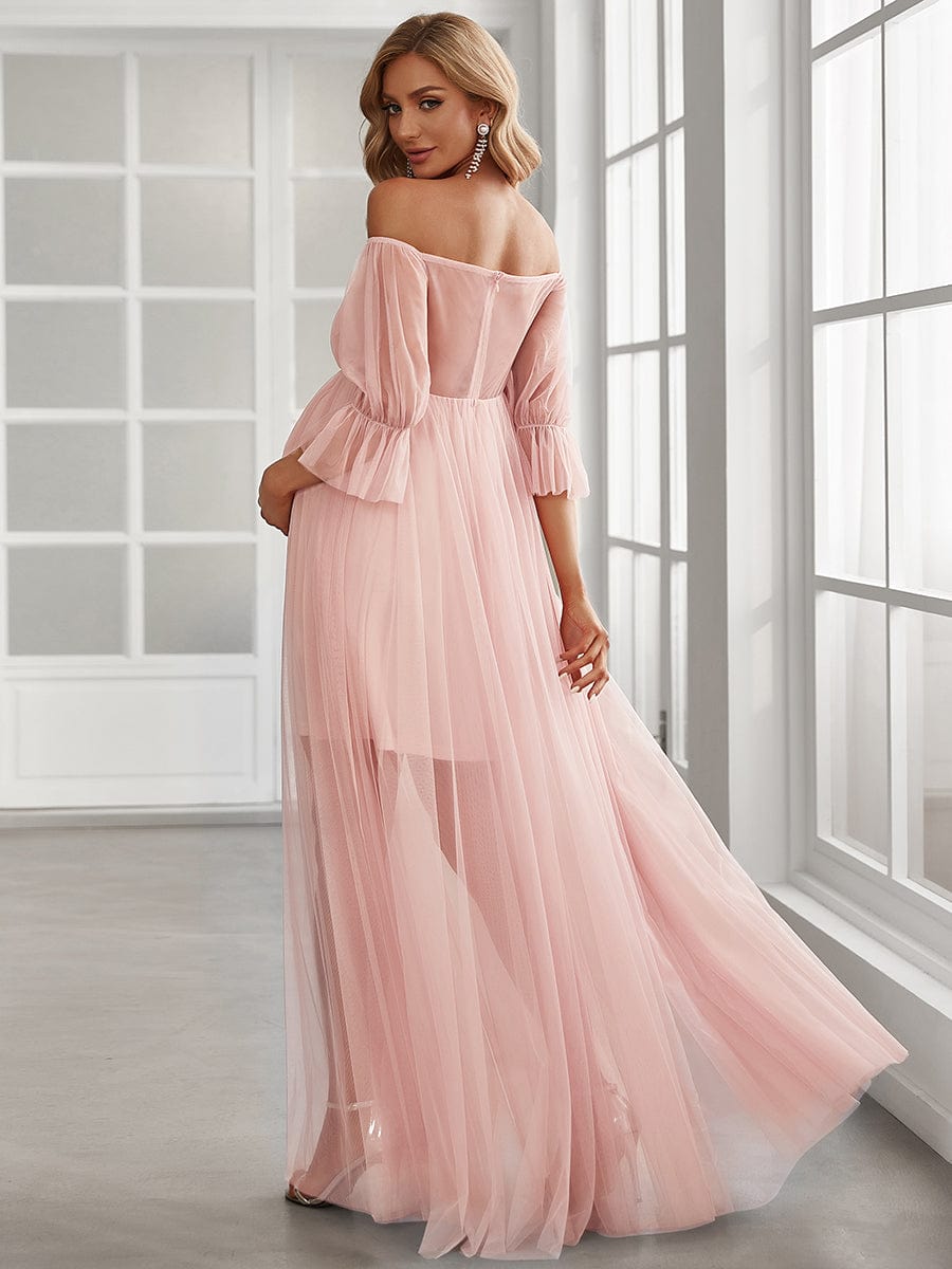 Off the Shoulder Pleated Tulle Maxi Maternity Dress in Pink #color_Pink