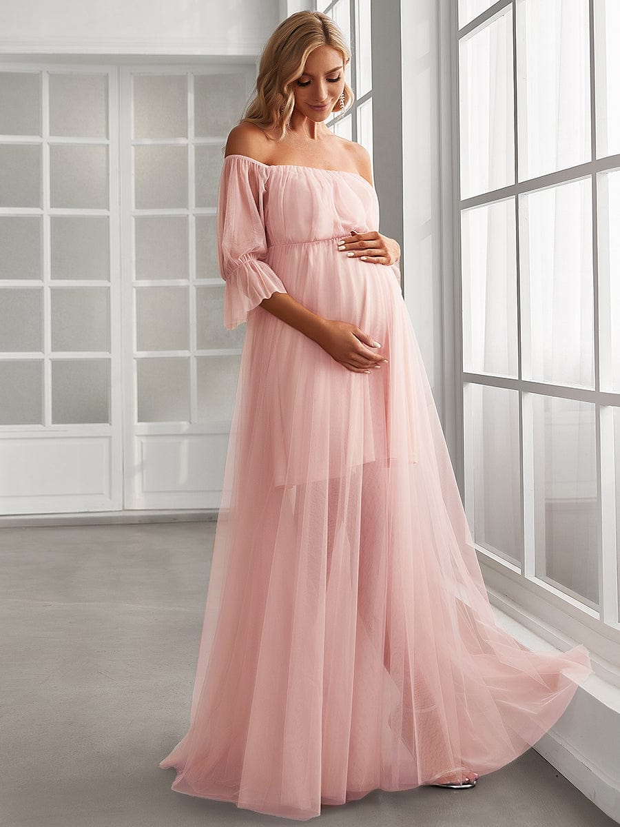 Off the Shoulder Pleated Tulle Maxi Maternity Dress in Pink #color_Pink