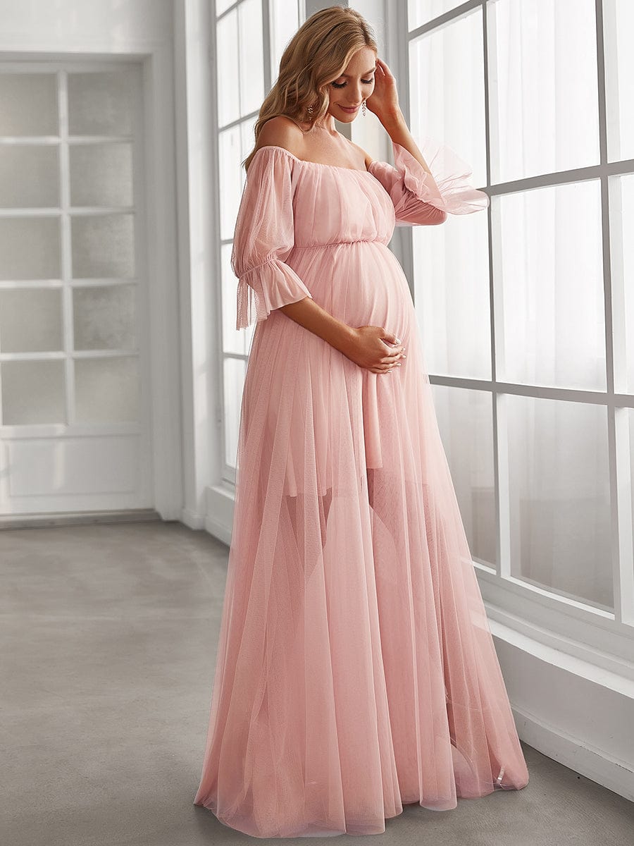 Off the Shoulder Pleated Tulle Maxi Maternity Dress in Pink #color_Pink