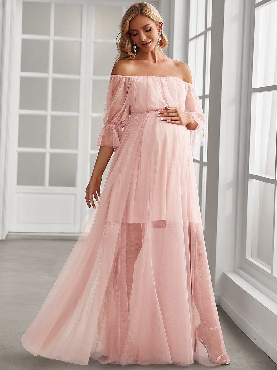 Off the Shoulder Pleated Tulle Maxi Maternity Dress in Pink #color_Pink