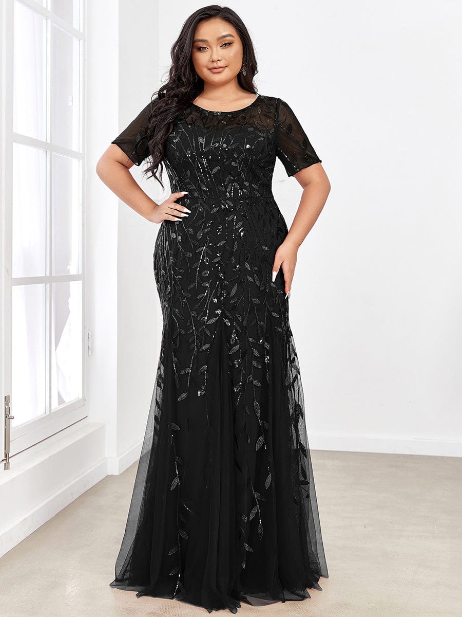 Sequin Leaf Maxi Long Fishtail Tulle Prom Dresses With Half Sleeves #color_Black