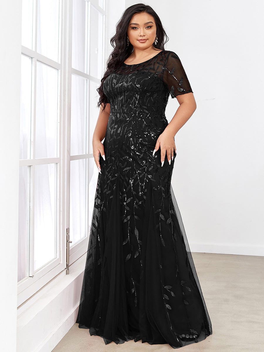 Sequin Leaf Maxi Long Fishtail Tulle Prom Dresses With Half Sleeves #color_Black