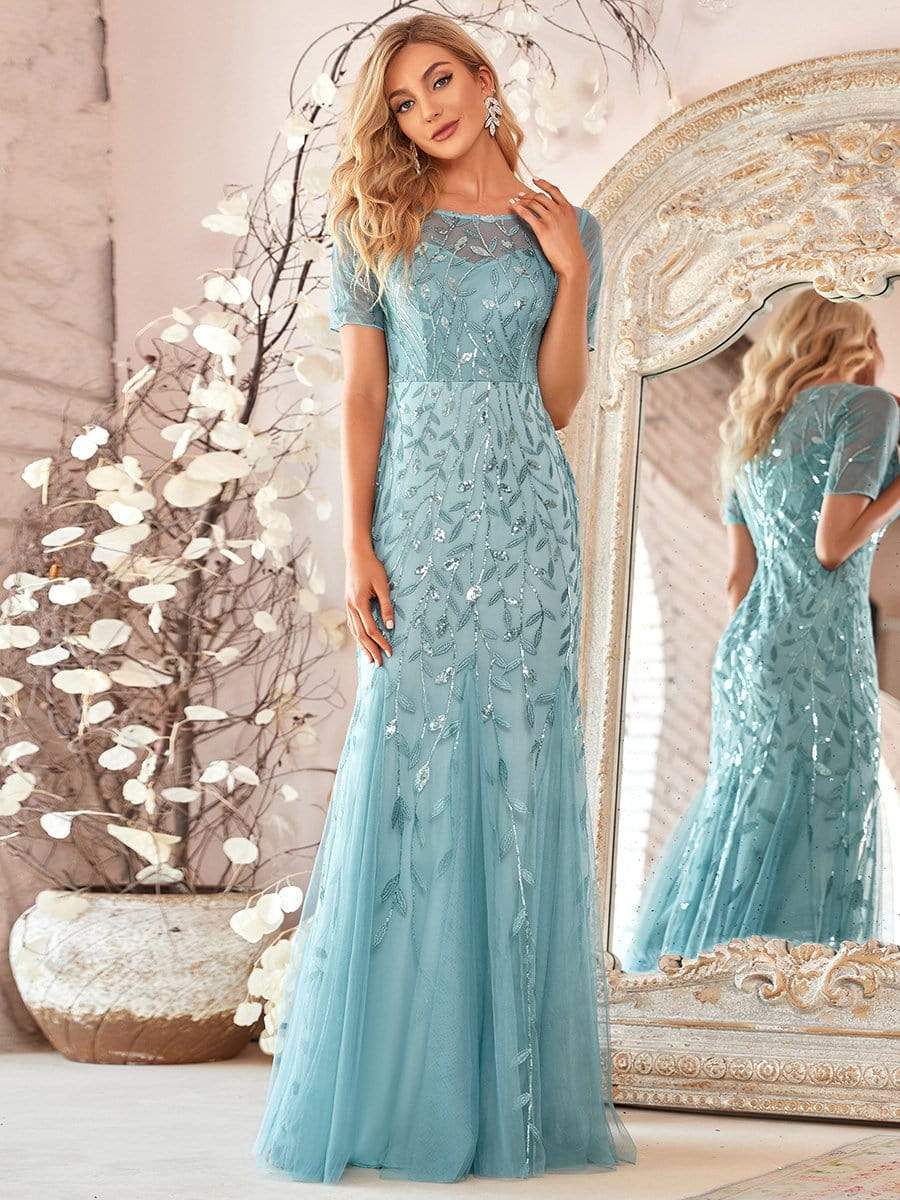 Sequin Leaf Maxi Long Fishtail Tulle Prom Dresses With Half Sleeves #color_Dusty Blue