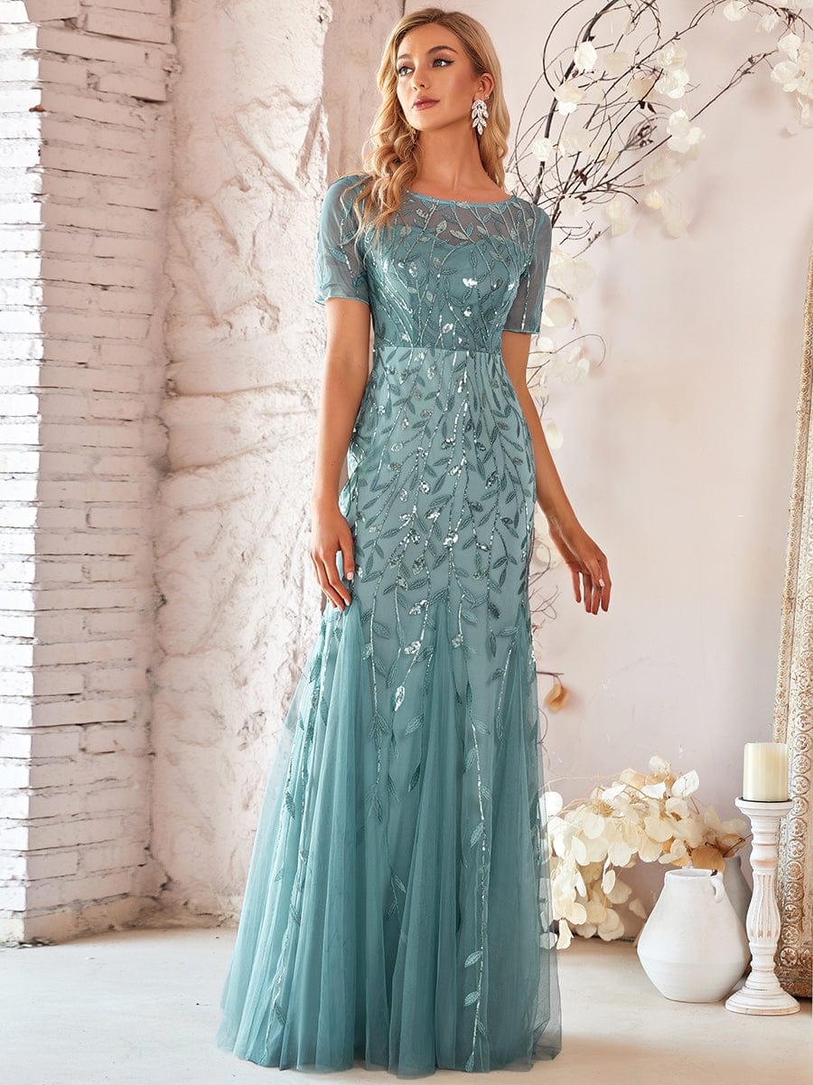 Sequin Leaf Maxi Long Fishtail Tulle Prom Dresses With Half Sleeves #color_Dusty Blue