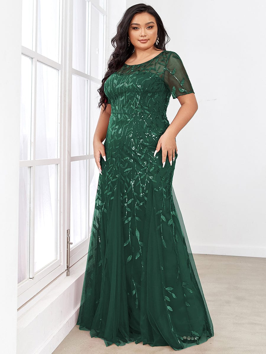 Custom Size Sequin Leaf Maxi Long Fishtail Tulle Prom Dresses With Half Sleeves #color_Dark Green