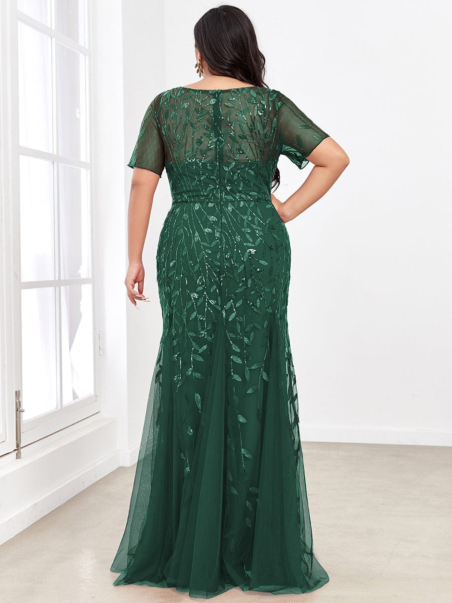 Custom Size Sequin Leaf Maxi Long Fishtail Tulle Prom Dresses With Half Sleeves #color_Dark Green