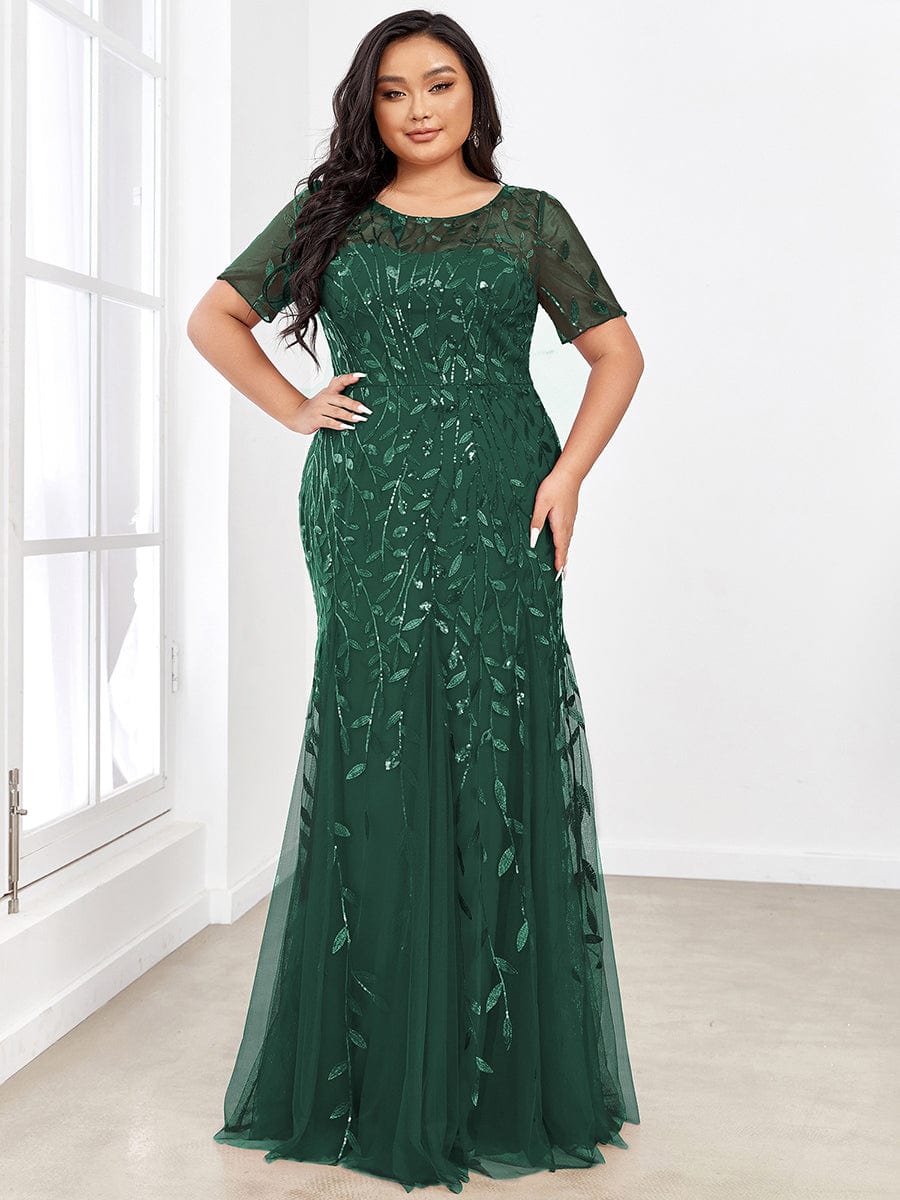 Custom Size Sequin Leaf Maxi Long Fishtail Tulle Prom Dresses With Half Sleeves #color_Dark Green