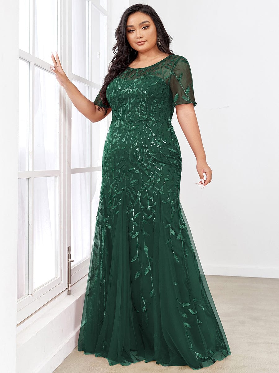 Custom Size Sequin Leaf Maxi Long Fishtail Tulle Prom Dresses With Half Sleeves #color_Dark Green