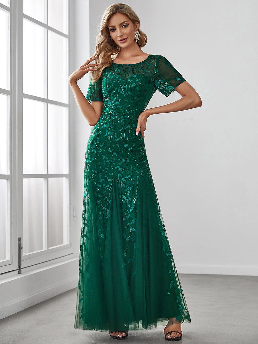 Custom Size Sequin Leaf Maxi Long Fishtail Tulle Prom Dresses With Half Sleeves #color_Dark Green