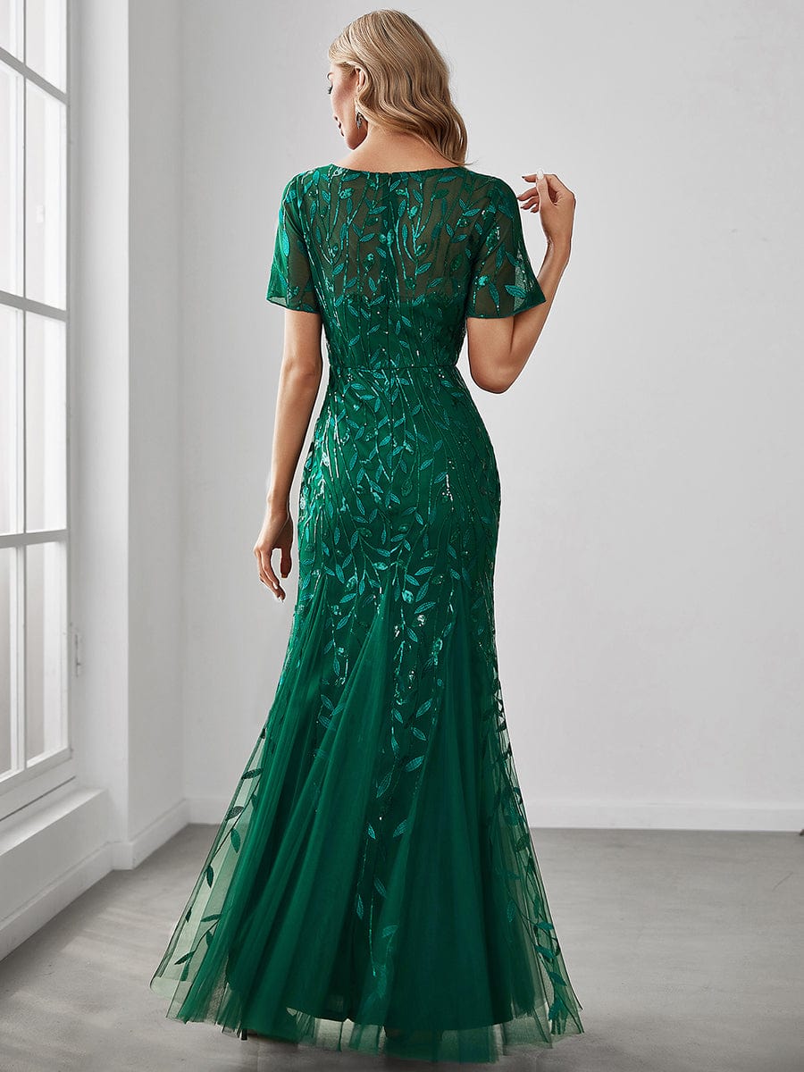 Custom Size Sequin Leaf Maxi Long Fishtail Tulle Prom Dresses With Half Sleeves #color_Dark Green