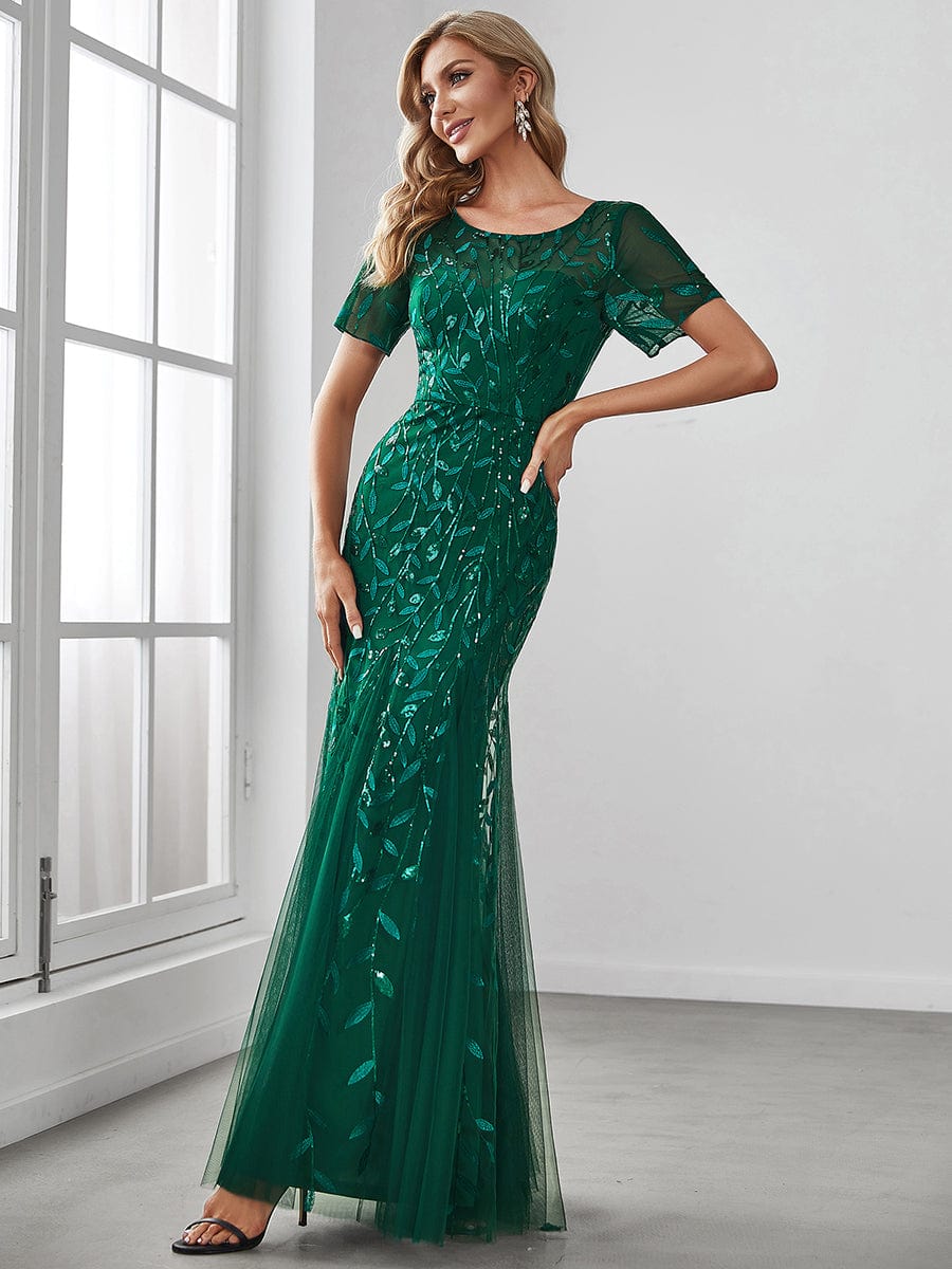 Custom Size Sequin Leaf Maxi Long Fishtail Tulle Prom Dresses With Half Sleeves #color_Dark Green