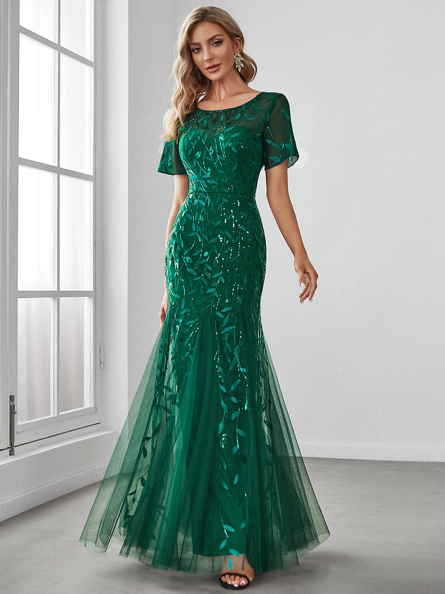 Custom Size Sequin Leaf Maxi Long Fishtail Tulle Prom Dresses With Half Sleeves #color_Dark Green