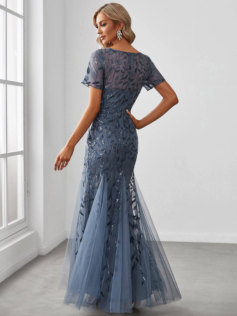 Sequin Leaf Maxi Long Fishtail Tulle Prom Dresses With Half Sleeves #color_Dusty Navy