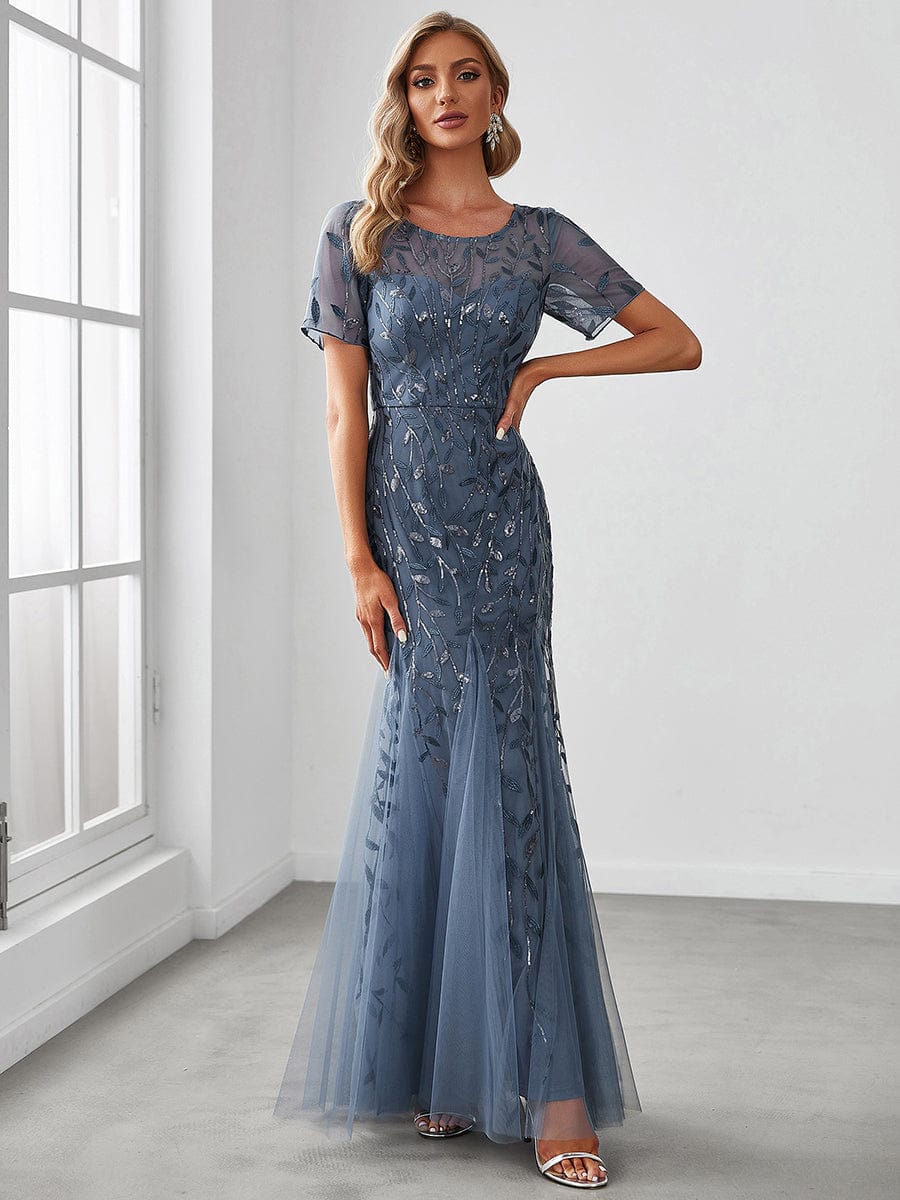 Sequin Leaf Maxi Long Fishtail Tulle Prom Dresses With Half Sleeves #color_Dusty Navy