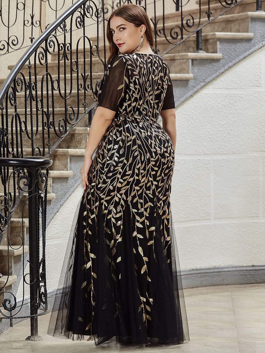 Sequin Leaf Maxi Long Fishtail Tulle Prom Dresses With Half Sleeve #color_Black & Gold