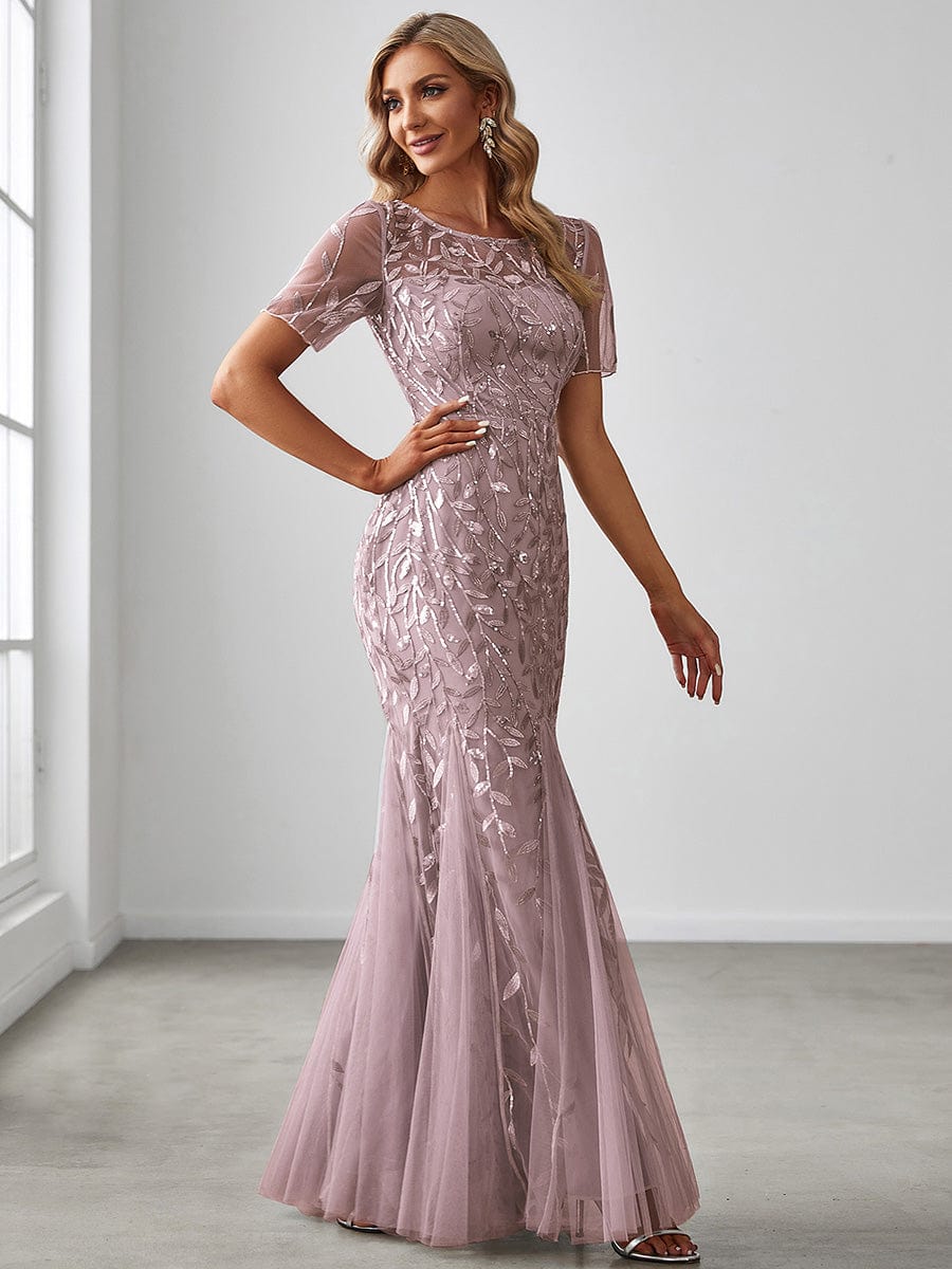 Sequin Leaf Maxi Long Fishtail Tulle Prom Dresses With Half Sleeve #color_Lilac