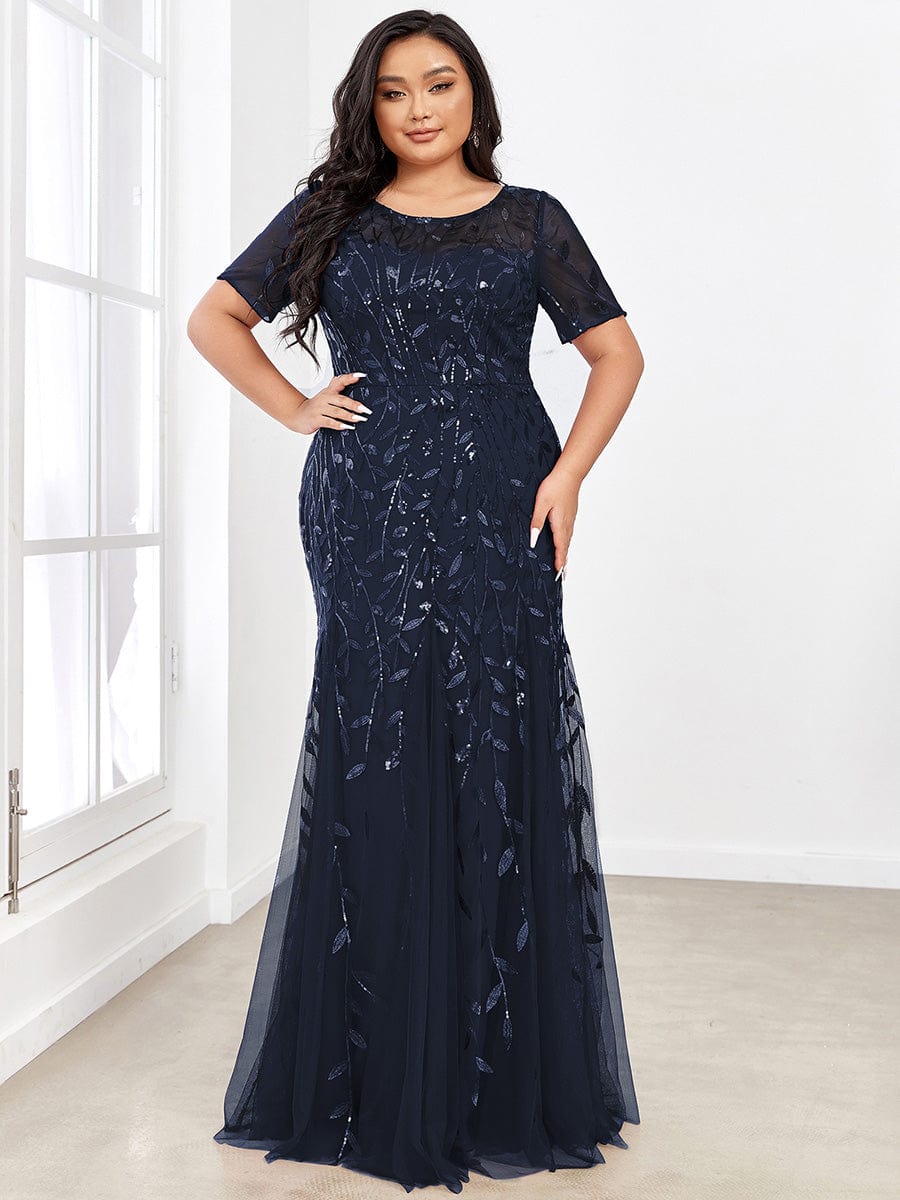 Sequin Leaf Maxi Long Fishtail Tulle Prom Dresses With Half Sleeves #color_Navy Blue