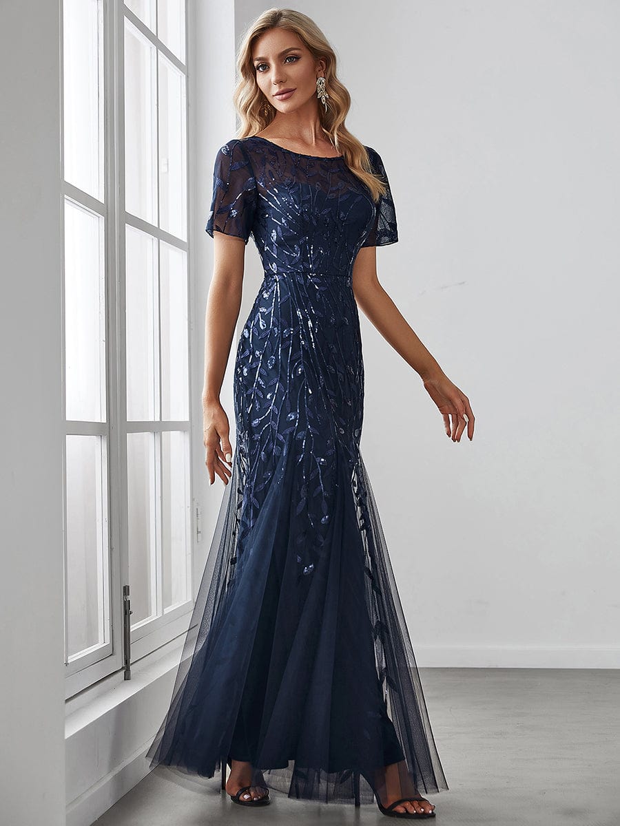 Sequin Leaf Maxi Long Fishtail Tulle Prom Dresses With Half Sleeves #color_Navy Blue