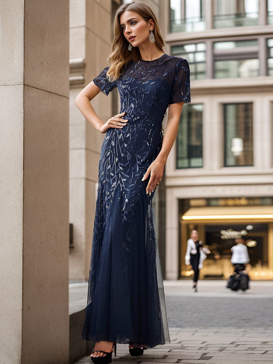 Sequin Leaf Maxi Long Fishtail Tulle Prom Dresses With Half Sleeves #color_Navy Blue