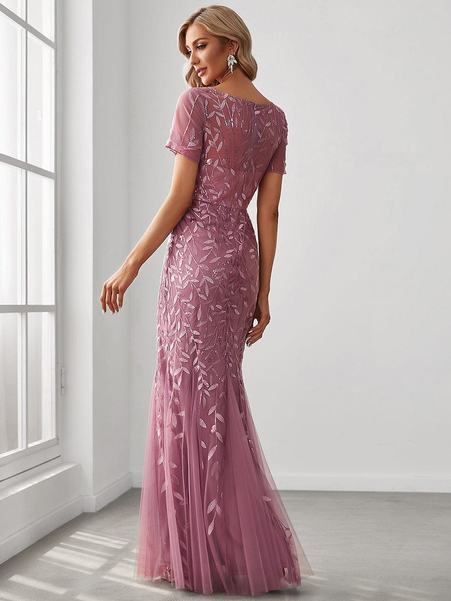 Sequin Leaf Maxi Long Fishtail Tulle Prom Dresses With Half Sleeve #color_Purple Orchid