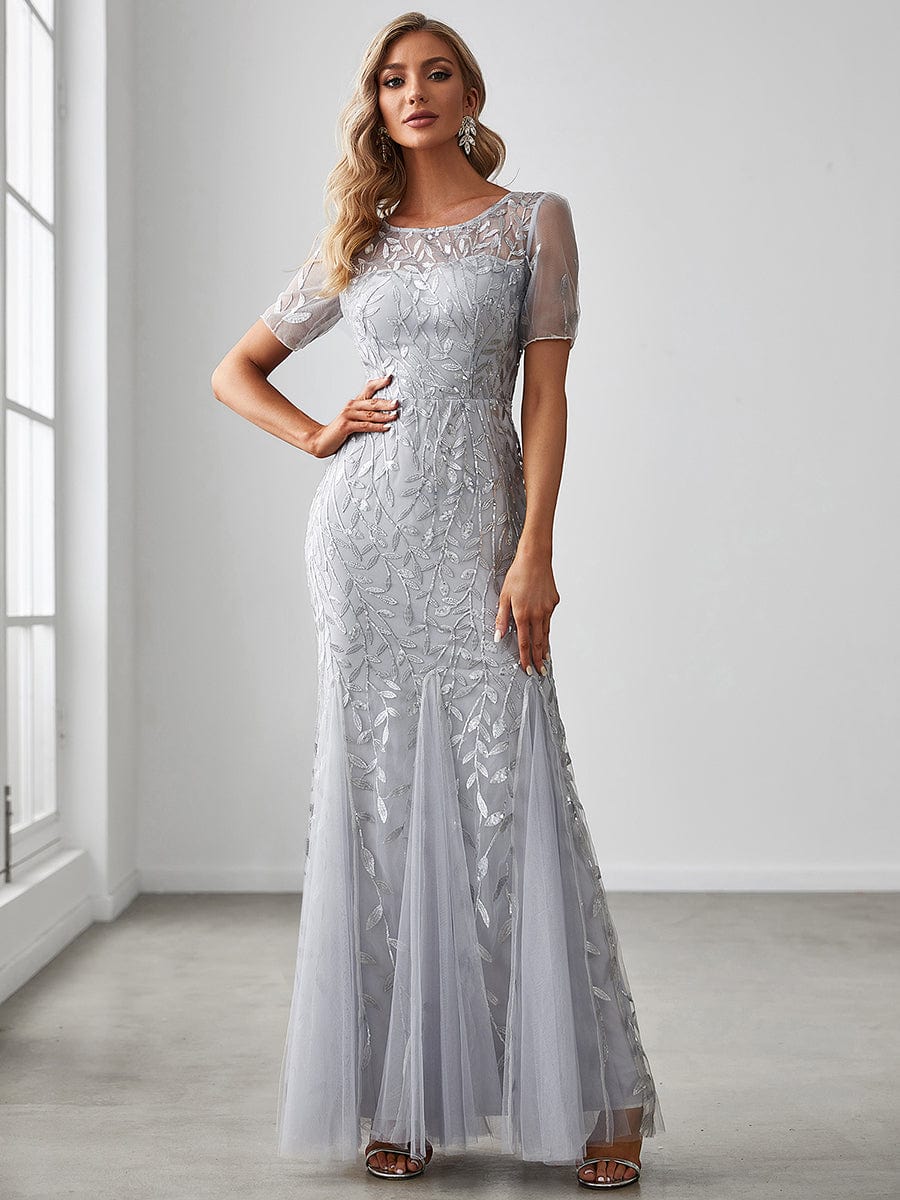 Sequin Leaf Maxi Long Fishtail Tulle Prom Dresses With Half Sleeves #color_Silver