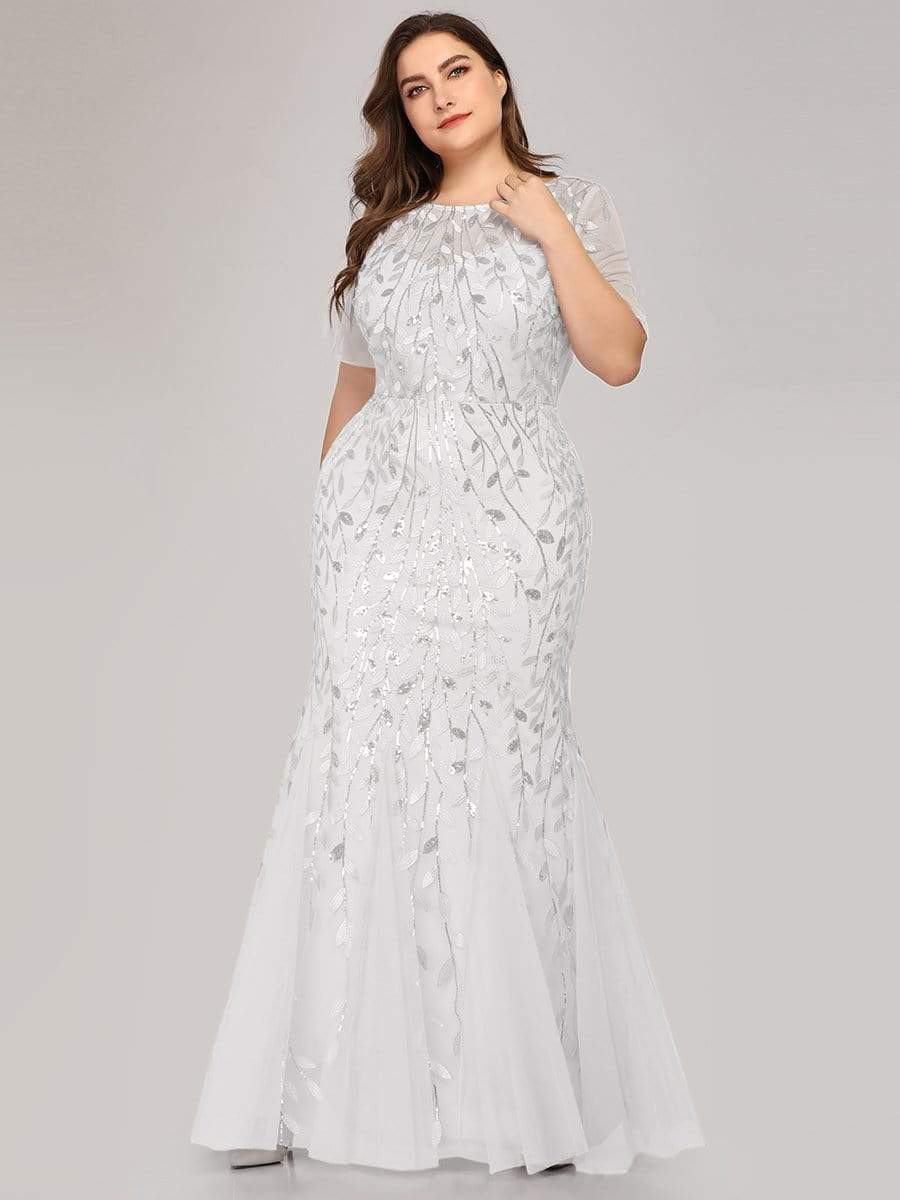 Sequin Leaf Maxi Long Fishtail Tulle Prom Dresses With Half Sleeves #color_White