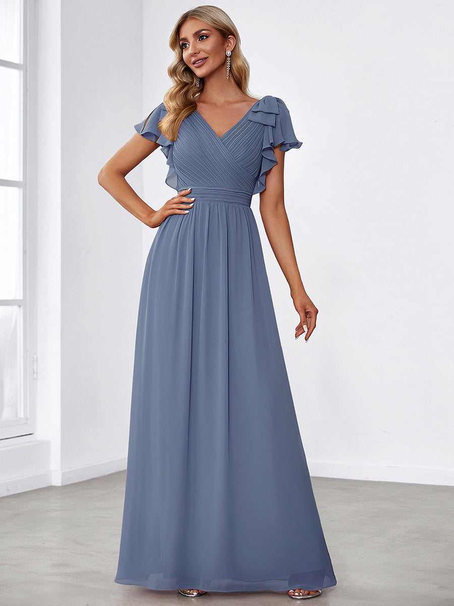 Maxi Long Chiffon Evening Dress for Women with Ruffles Sleeves #color_Dusty Blue