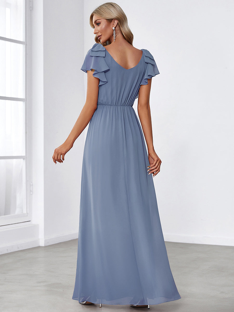 Maxi Long Chiffon Evening Dress for Women with Ruffles Sleeves #color_Dusty Blue