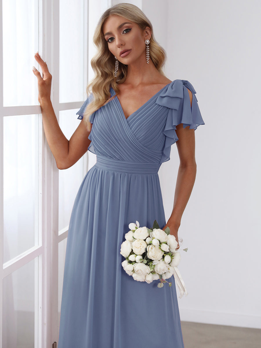 Maxi Long Chiffon Evening Dress for Women with Ruffles Sleeves #color_Dusty Blue