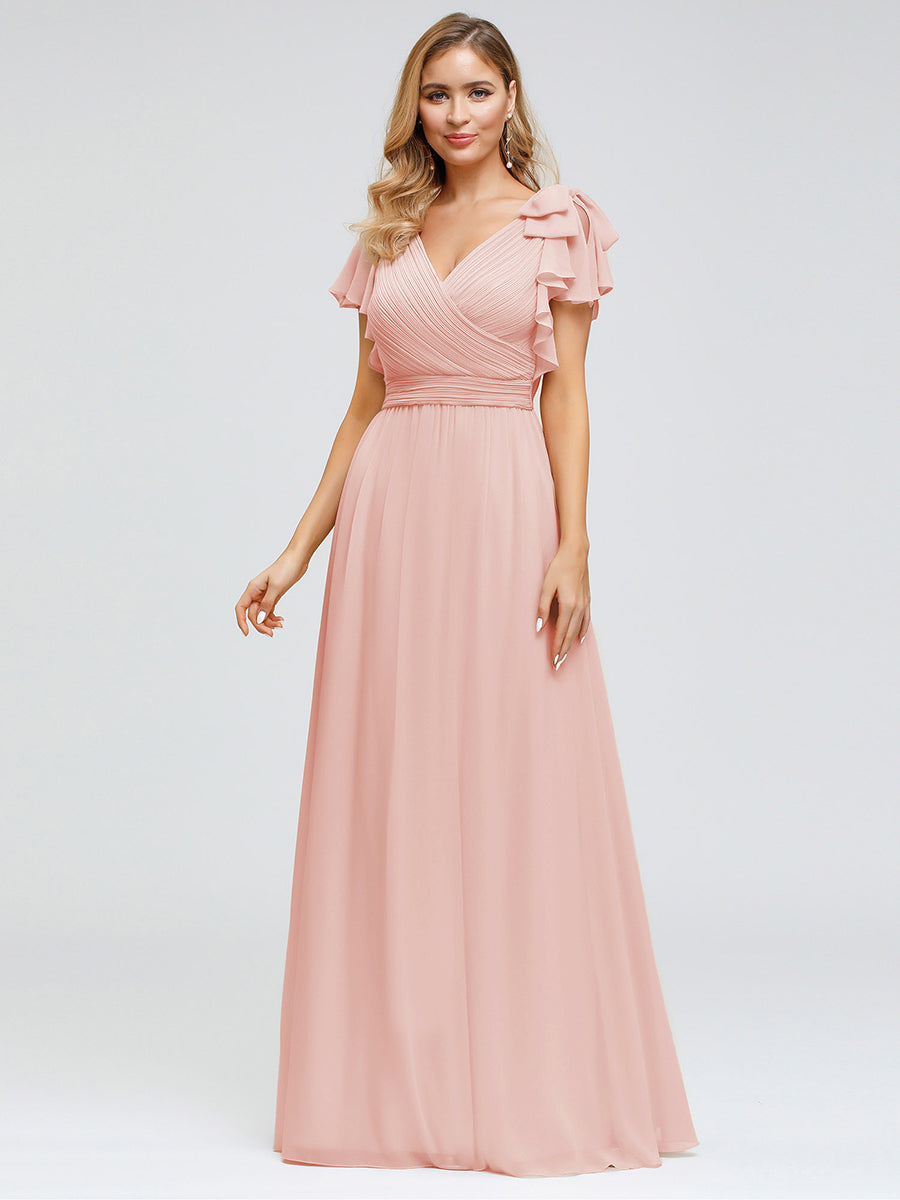 Maxi Long Chiffon Evening Dress for Women with Ruffles Sleeves #color_Pink