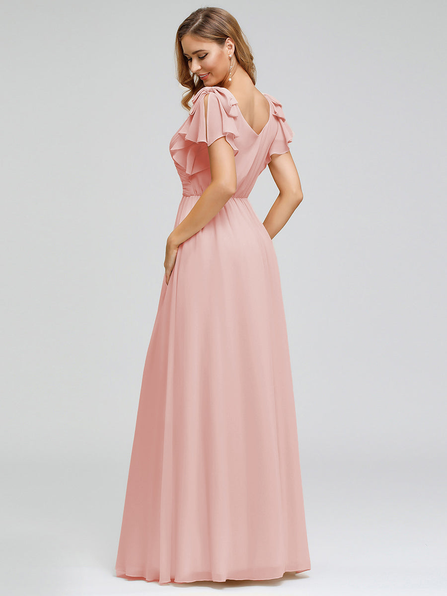 Maxi Long Chiffon Evening Dress for Women with Ruffles Sleeves #color_Pink