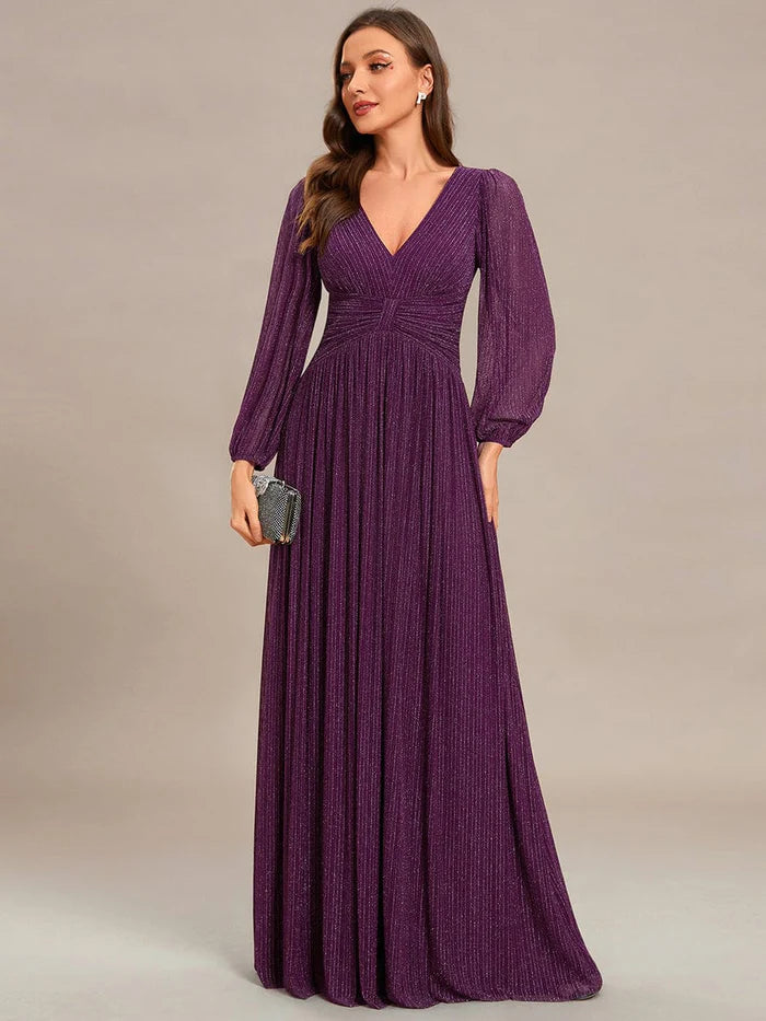 Sparkle Long Sleeve Formal Evening Dress with A-line Silhouette