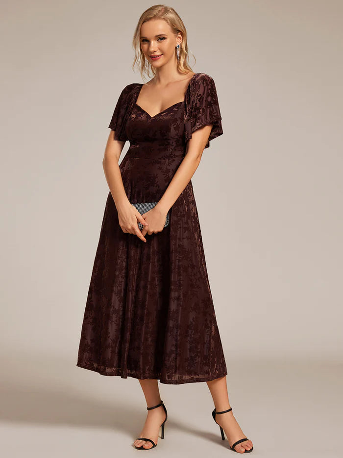 Velvet Short Sleeve Tea-Length Jacquard Wedding Guest Dress