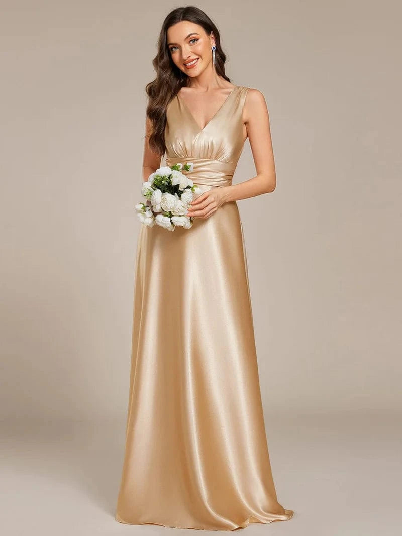 Sleeveless Empire Waist Satin Maxi Bridesmaid Dress With Pockets