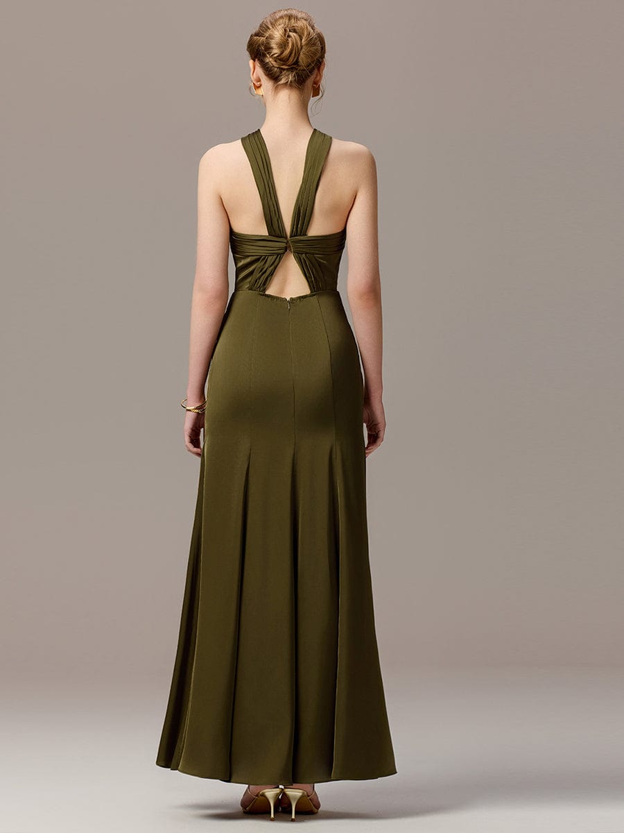 Satin Cross Halter Sleeveless Maxi Bridesmaid Dress #color_Olive Green