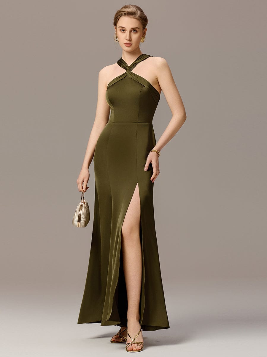 Satin Cross Halter Sleeveless Maxi Bridesmaid Dress #color_Olive Green